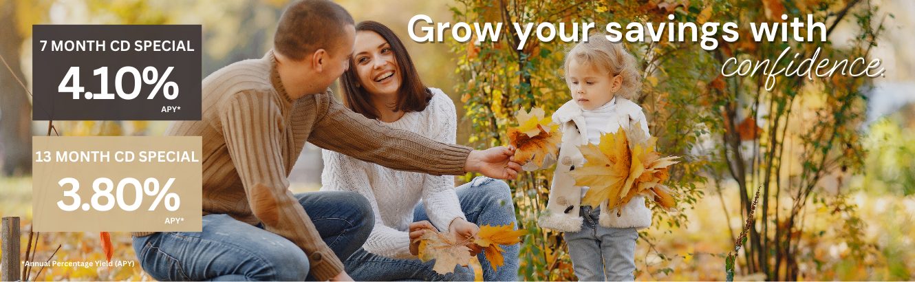 Family playing in fall leaves. Caption says, Grow your savings with confidence.