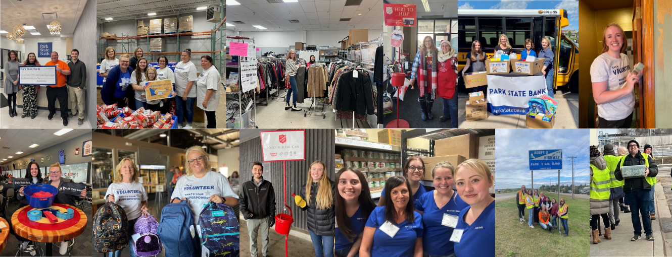 Various images of Park State Bank employees volunteering