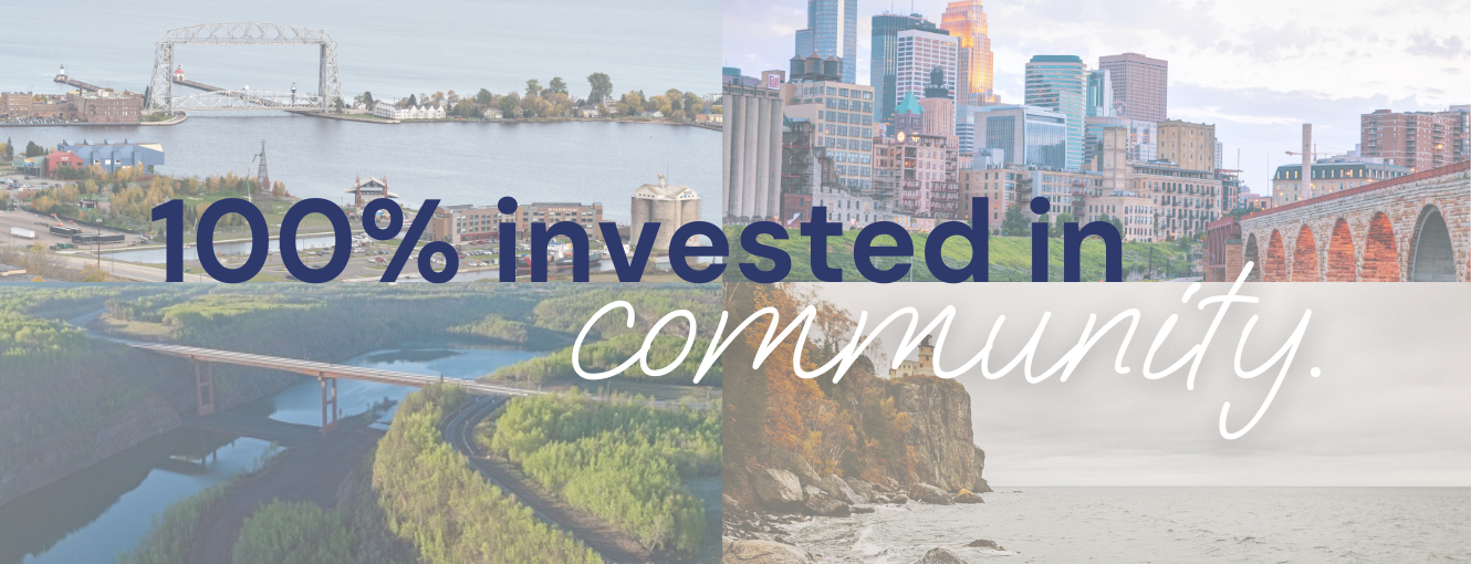 A picture of Duluth, Minneapolis, Virginia and Two Harbors with the saying 100% invested in community.